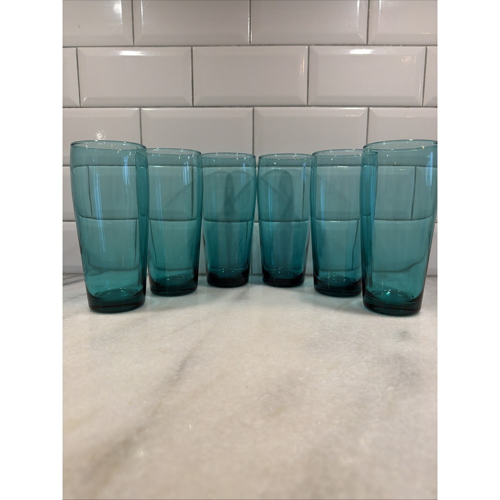 Set Of 6 MidCentury Cristar Teal Green Ice Tea Highball Glasses Tumblers 6 3/8"